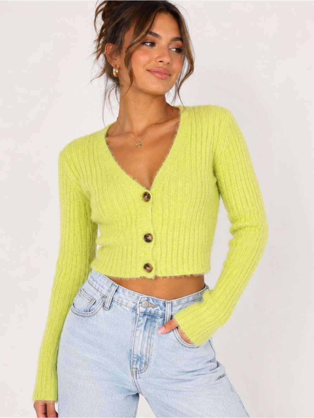 Nasty Gal Fuzzy Knit Cropped Cardigan Lime Green Ribbed Button Front Sweater M